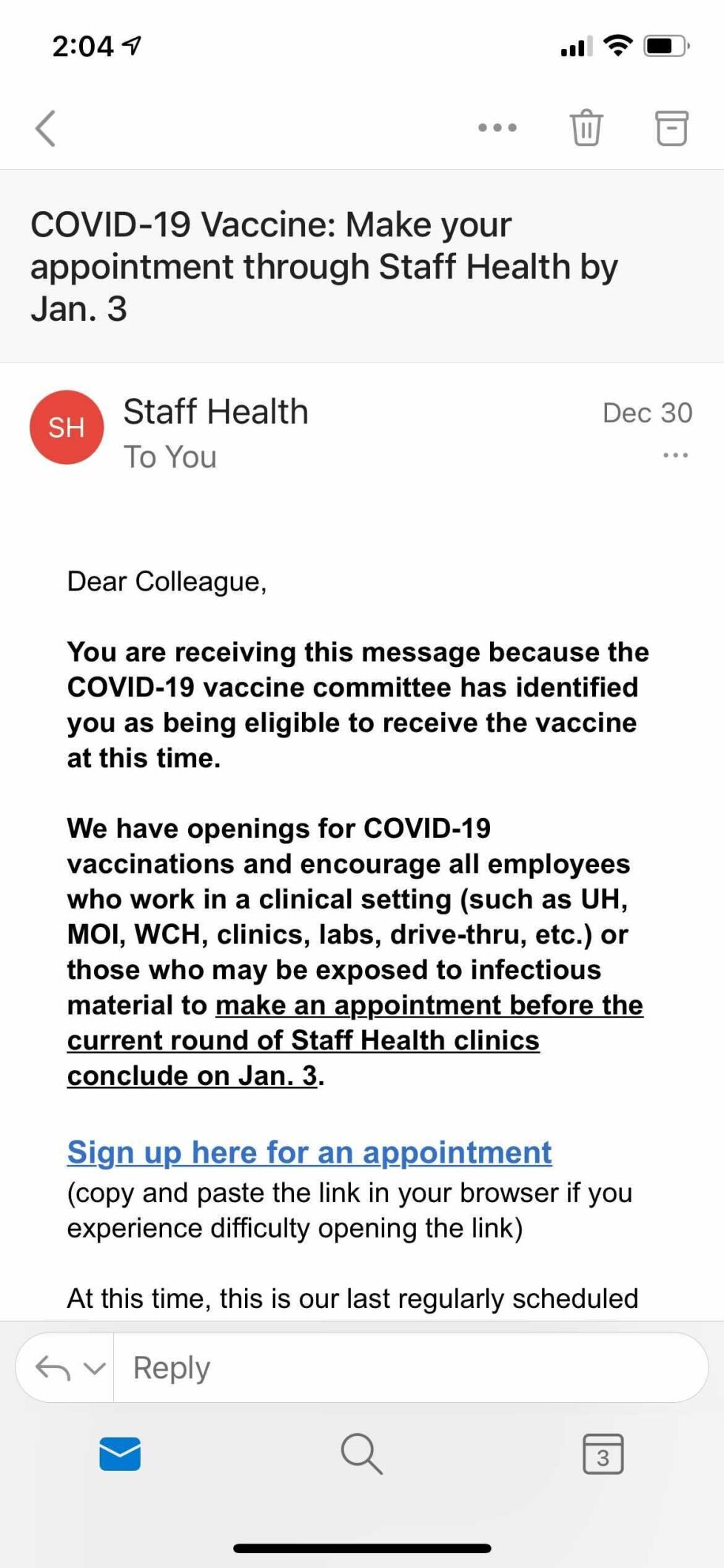 Email including Vaccination Sign-Up